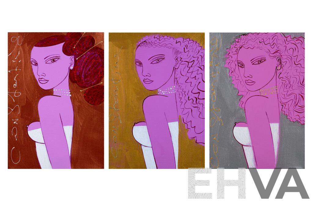 Constantine Popov, (20th Century, Russian-Australian, 1962-), Wonderful Trio of Popov's Silver, Rose-Gold and Gold Muses, Acrylic on Canvas, 36 x 26 cm Each (3)