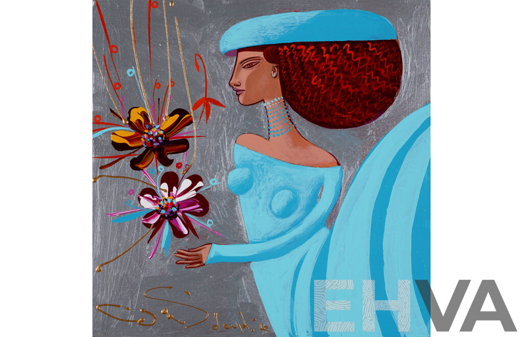 Constantine Popov, (20th Century, Russian Australian, 1962-), Turquoise Girl with Flowers, Acrylic on Board, 20 x 20 cm