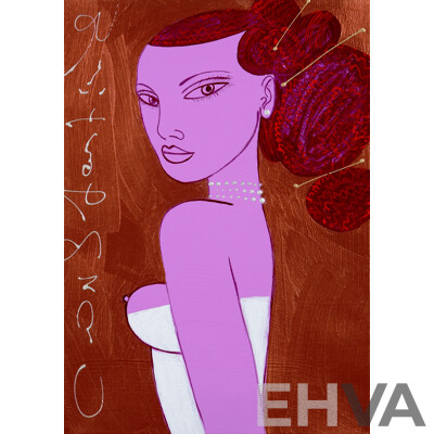 Constantine Popov, (20th Century, Russian-Australian, 1962-), Wonderful Trio of Popov's Silver, Rose-Gold and Gold Muses, Acrylic on Canvas, 36 x 26 cm Each (3)