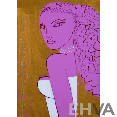 Constantine Popov, (20th Century, Russian-Australian, 1962-), Wonderful Trio of Popov's Silver, Rose-Gold and Gold Muses, Acrylic on Canvas, 36 x 26 cm Each (3)