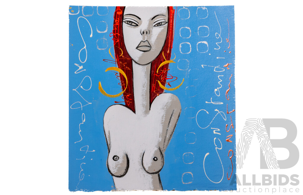 Constantine Popov, (20th Century, Russian-Australian, 1962-), 'Kit On!' - Wonderful Pair of Exotic, Naked Girls with Earrings on Blue, Acrylic on Card, 25 x 23 cm (2)