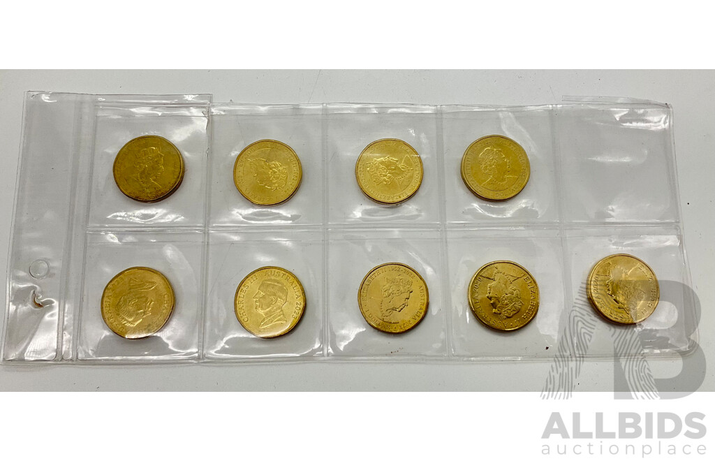 Australian One Dollar Coins Including 2023 Prince Charles Heads(2) 2020 Qantas(2) 2023 Giant Murray Cod, 2023 AFLW(2), 2023 Big Blue Healer, 2023 Jumping Crocodile