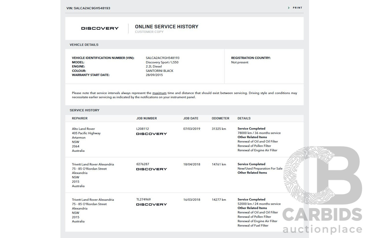 9/2015 Land Rover Discovery Sport TD4 HSE (AWD) LC 4d Wagon Santorini Black Metallic Turbo Diesel 2.2L