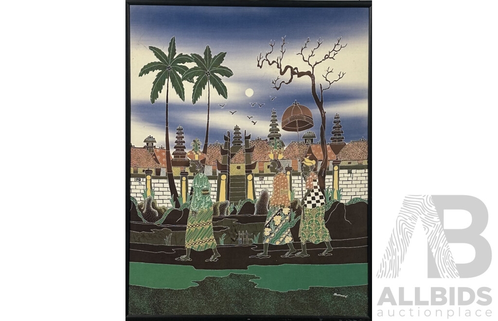 Framed Vintage Indonesian Batik, Three Women Walking, Cloth and Dye