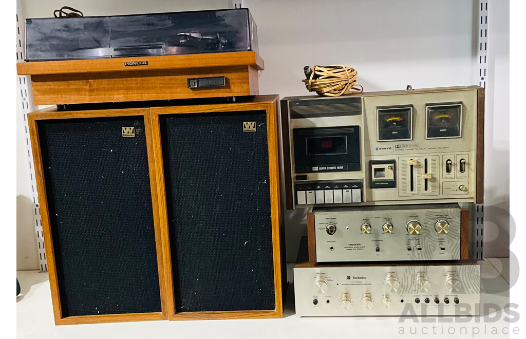Vintage Audio Sound System Including Pioneer Stereo Turntable, Pair of Wharfedale Speakers and More
