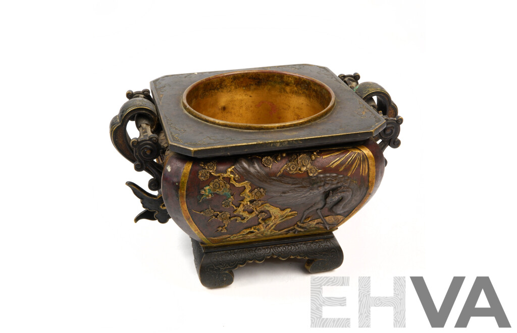 Antique Japanese Gilded Bronze Koro with Pine Tree, Praying Mantis Cherry Blossom and Bird Raised Decoration