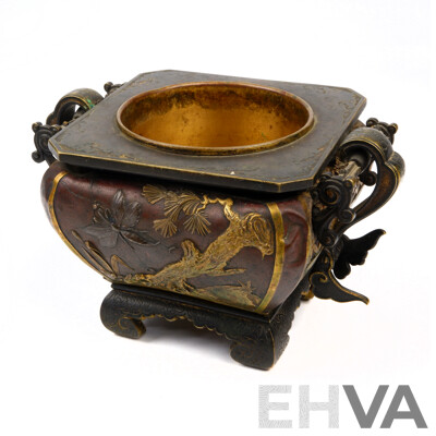 Antique Japanese Gilded Bronze Koro with Pine Tree, Praying Mantis Cherry Blossom and Bird Raised Decoration