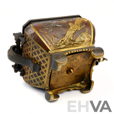 Antique Japanese Gilded Bronze Koro with Pine Tree, Praying Mantis Cherry Blossom and Bird Raised Decoration