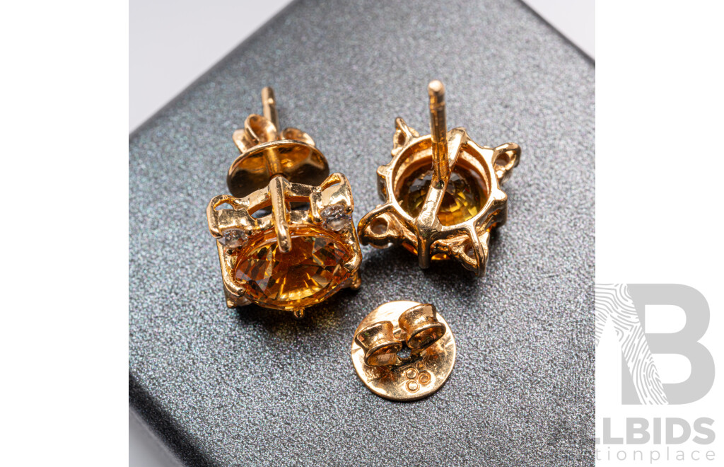 18ct Yellow Sapphire (5.26ct) & Diamond Set Stud Earrings, 13.5mm, 5.71grams