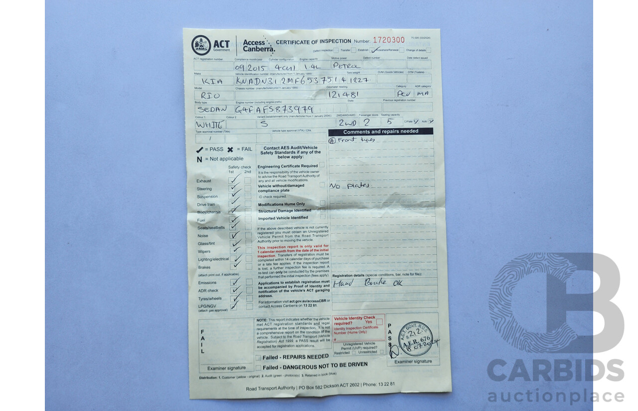 09/2015 Kia Rio S FWD UB MY15 3D Hatchback White 1.4L