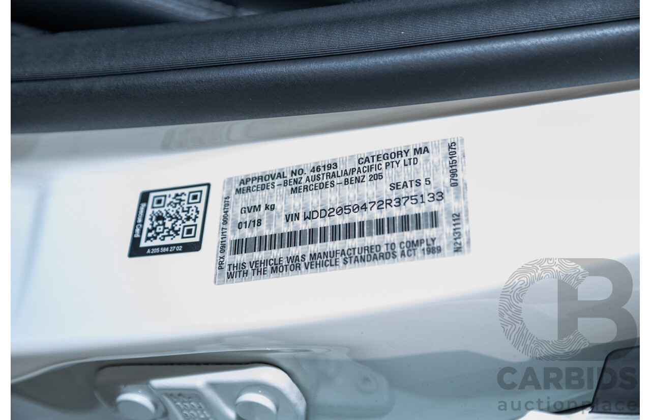 01/2018 Mercedes Benz C350e W205 MY18 4d Sedan Diamond White Metallic Turbo 2.0L / 60kw Hybrid