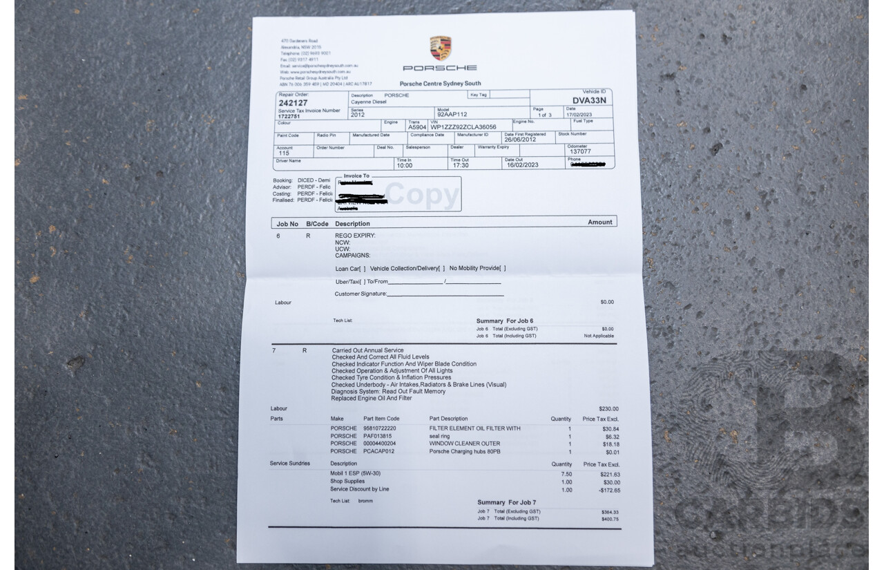 6/2012 Porsche Cayenne Diesel (AWD) Series 2 MY12 4d Wagon Black Turbo Diesel V6 3.0L