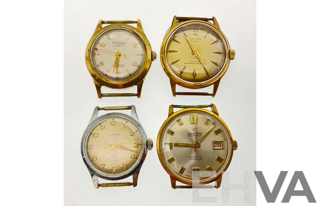 Four Vintage Men's Watches Including Angus & Coote Automatic Twenty Five Jewels, Bernex Automatic Seventeen Jewels, Cortinia Seventeen Jewels, Alpine Seventeen Jewel