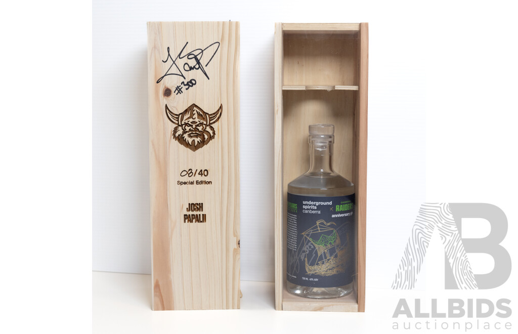 Josh Papalii #300 Personally Signed Underground Spirits 40th Anniversary Gin - Special Edition 08/40 and a Personally Signed Josh Papalii Run-Out Tee.