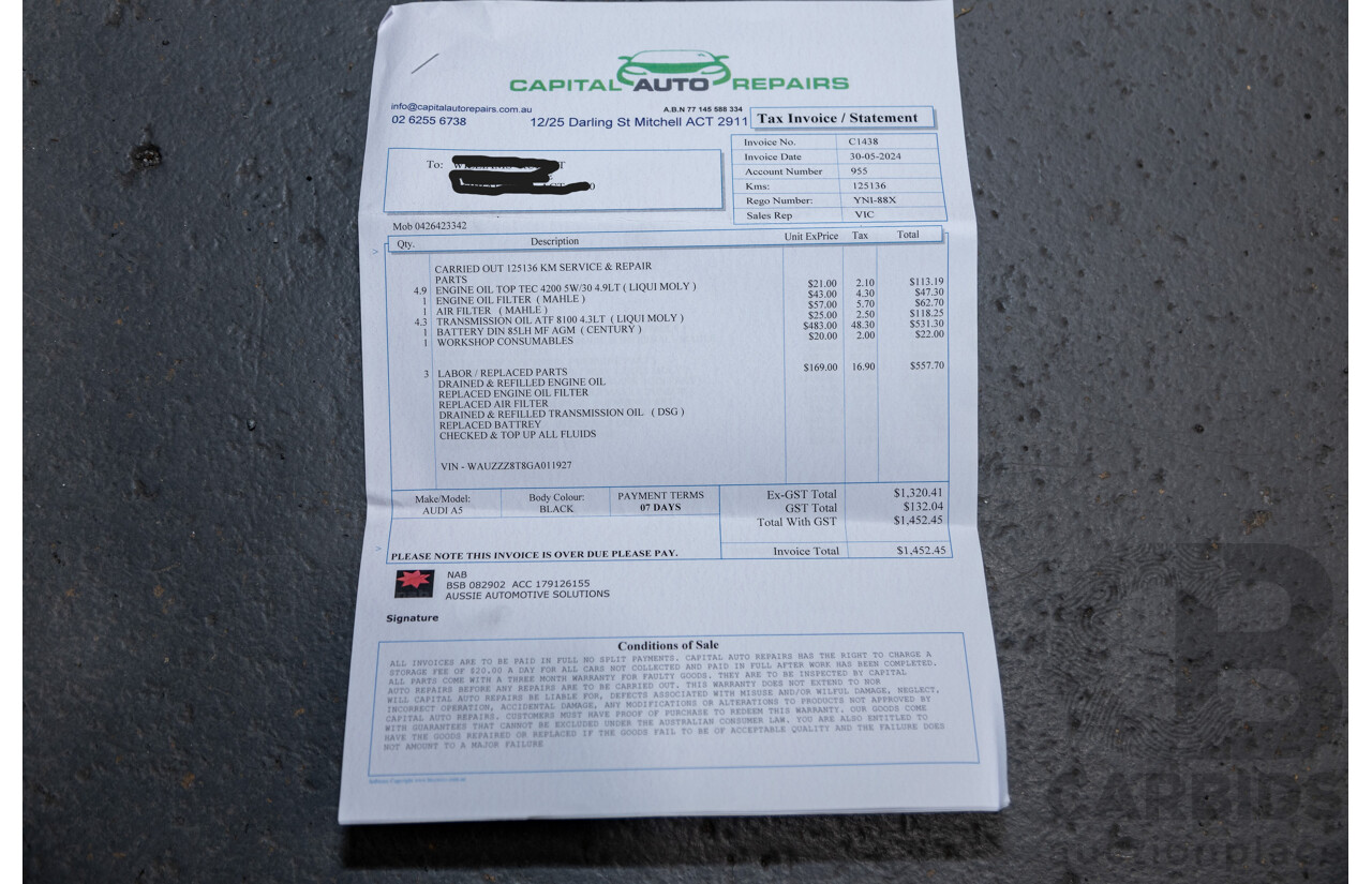 10/2015 Audi A5 Sportback 2.0 TFSI Quattro (AWD) 8T MY16 5d Hatchback Mythos Black Metallic Turbo 2.0L