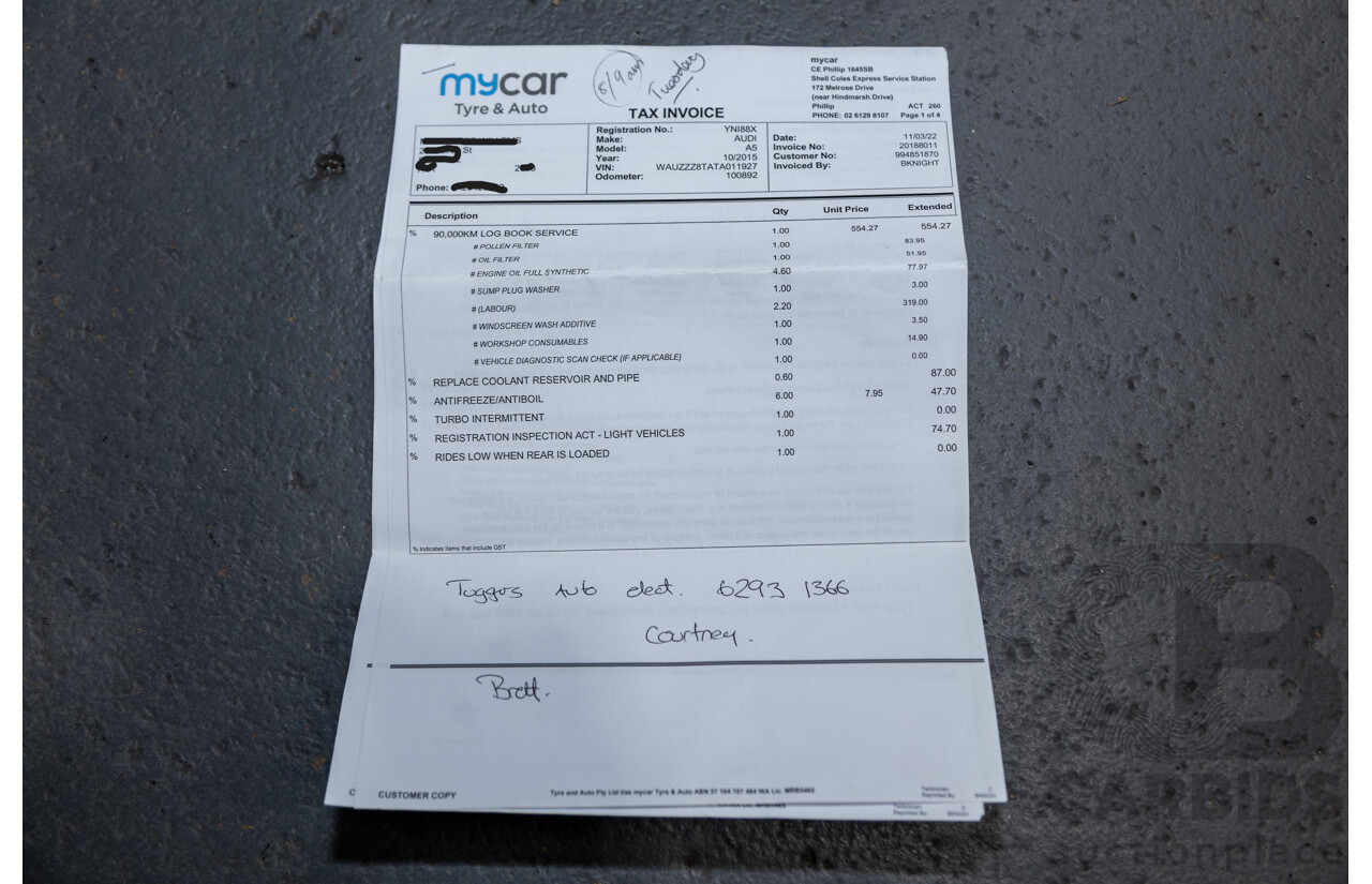 10/2015 Audi A5 Sportback 2.0 TFSI Quattro (AWD) 8T MY16 5d Hatchback Mythos Black Metallic Turbo 2.0L