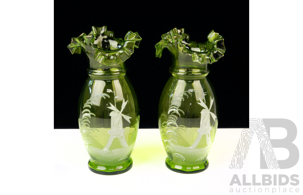 Pair Antique Late Victorian Mary Gregory Hand Decorated Windmill Themed Apple Green Vases with Ruffled Rims