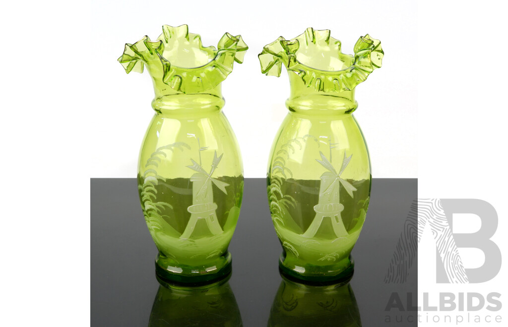 Pair Antique Late Victorian Mary Gregory Hand Decorated Windmill Themed Apple Green Vases with Ruffled Rims