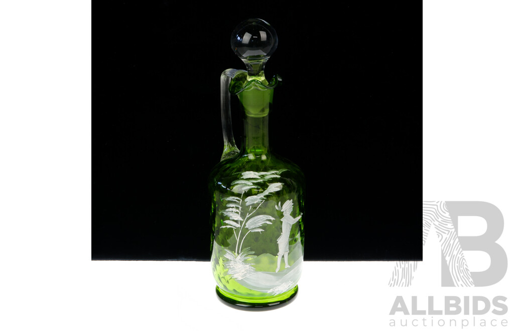 Antique Late Victorian Mary Gregory Hand Decorated  Apple Green Glass Decanter with Rippled Finish with Stopper and Clear Glass Applied Handle