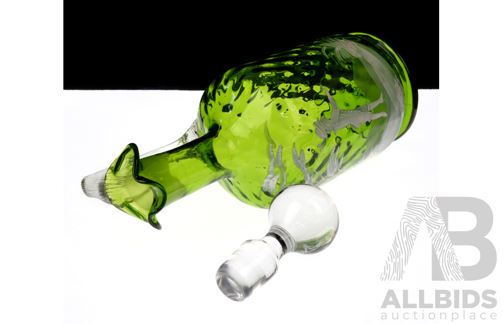 Antique Late Victorian Mary Gregory Hand Decorated  Apple Green Glass Decanter with Rippled Finish with Stopper and Clear Glass Applied Handle