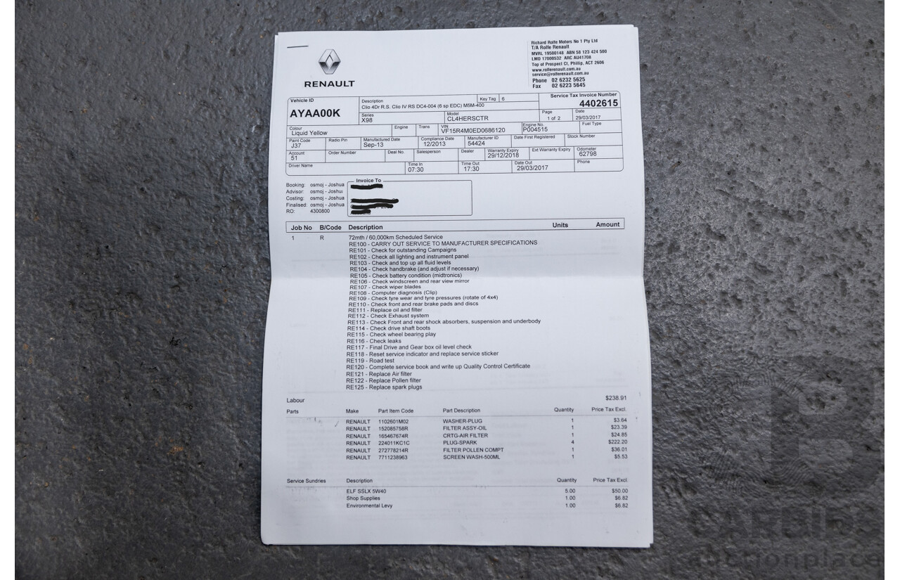 12/2013 Renault Clio RS 200 Sport X98 5d Hatchback Liquid Yellow Metallic Turbo 1.6L