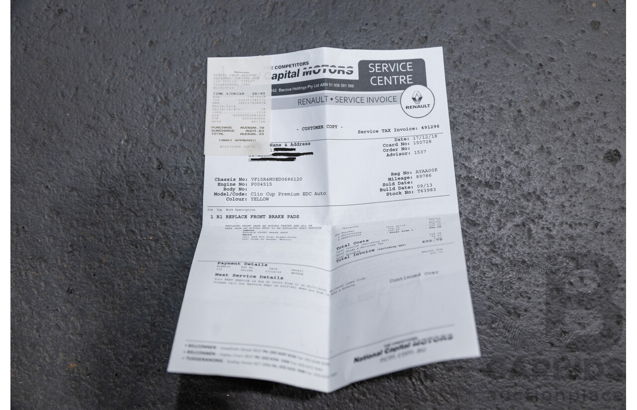 12/2013 Renault Clio RS 200 Sport X98 5d Hatchback Liquid Yellow Metallic Turbo 1.6L