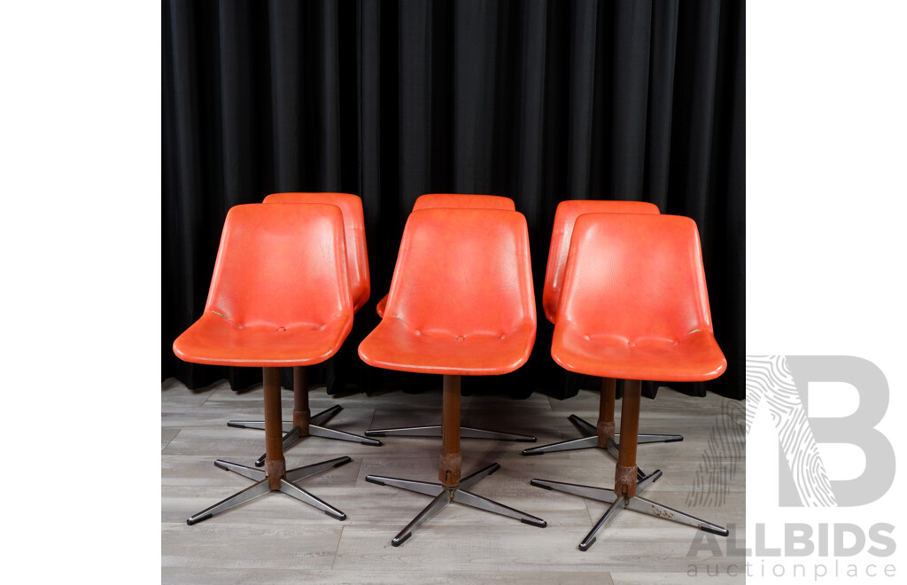 Set of Six Orange Vinyl Swivel Dining Chairs