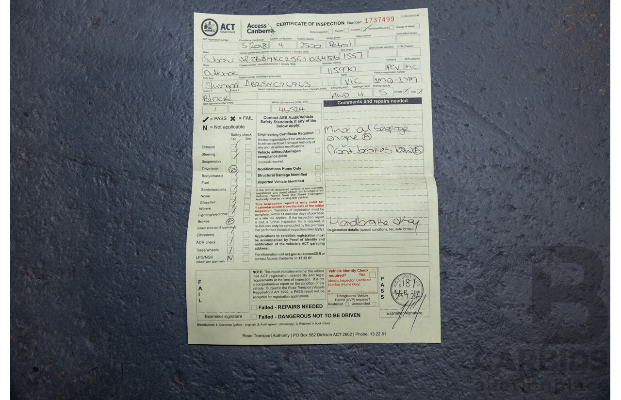 3/2018 Subaru Outback 2.5i (AWD) 5GEN B6A MY18 4d Wagon Crystal Black Mica 2.5L