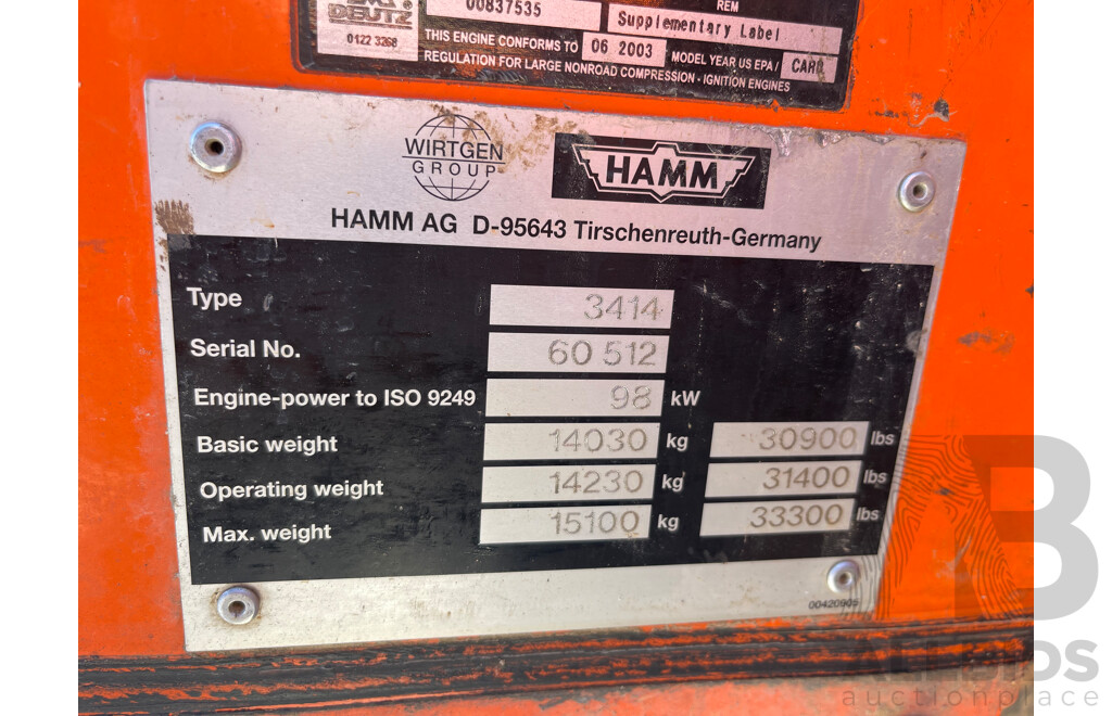 06/2003 Hamm 3414 Vibratory Compactor Diesel 131hp