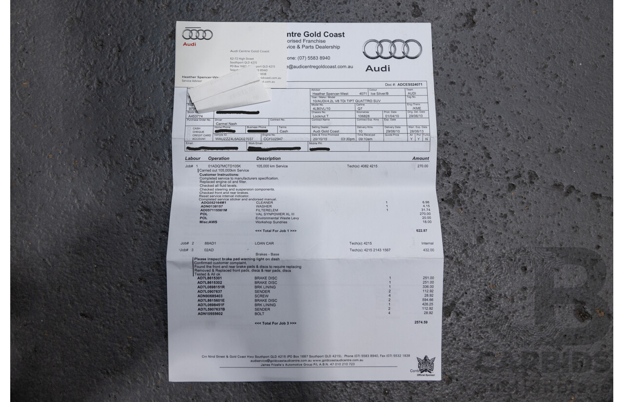 6/2010 Audi Q7 4.2 TDI Quattro (AWD) S-Line Package MY10 Upgrade 4d Wagon Ice Silver Metallic Turbo Diesel V8 4.2L - 7 Seater