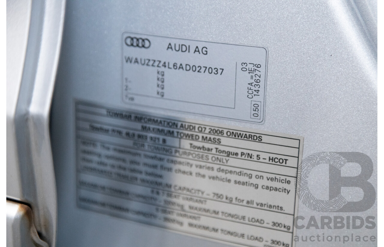 6/2010 Audi Q7 4.2 TDI Quattro (AWD) S-Line Package MY10 Upgrade 4d Wagon Ice Silver Metallic Turbo Diesel V8 4.2L - 7 Seater