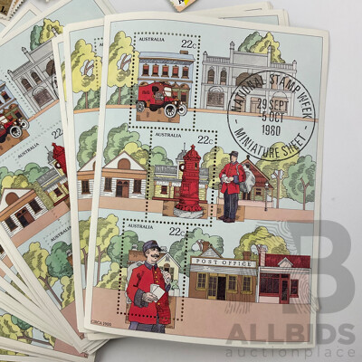 Australian 1980 National Stamp Week Miniature Sheets(40) with Mint One Cent 1970's and 80’s Single Stamps