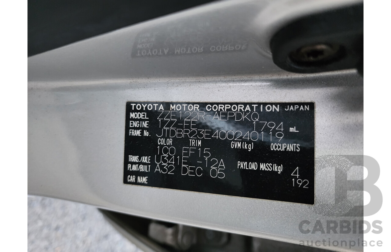 01/2006 Toyota Corolla ASCENT FWD ZZE122R 4D Sedan Silver 1.8L