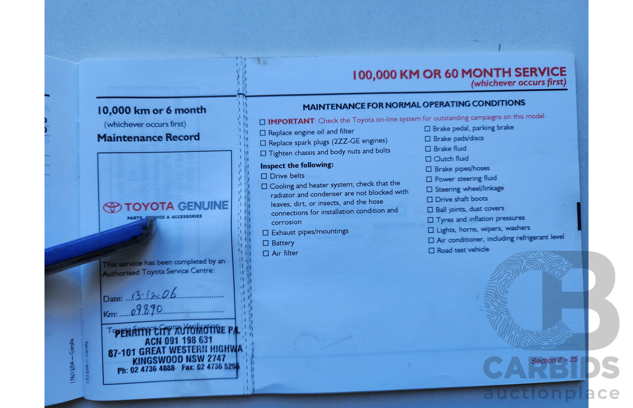 01/2006 Toyota Corolla ASCENT FWD ZZE122R 4D Sedan Silver 1.8L