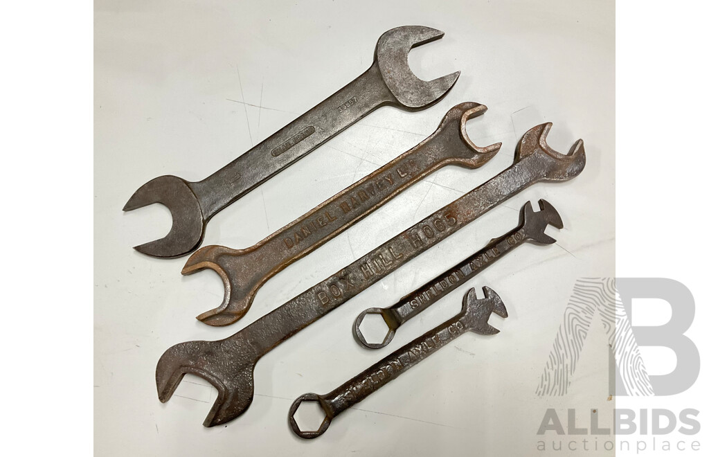Two Daniel Harvey Box Hill Plough Spanners, Leyland Snail Brand Double End Spanner, Two Sheldon Axle Co Multi Spanners