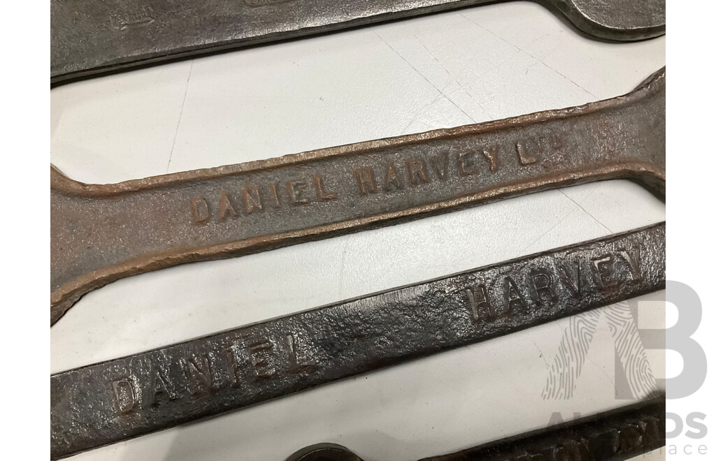 Two Daniel Harvey Box Hill Plough Spanners, Leyland Snail Brand Double End Spanner, Two Sheldon Axle Co Multi Spanners