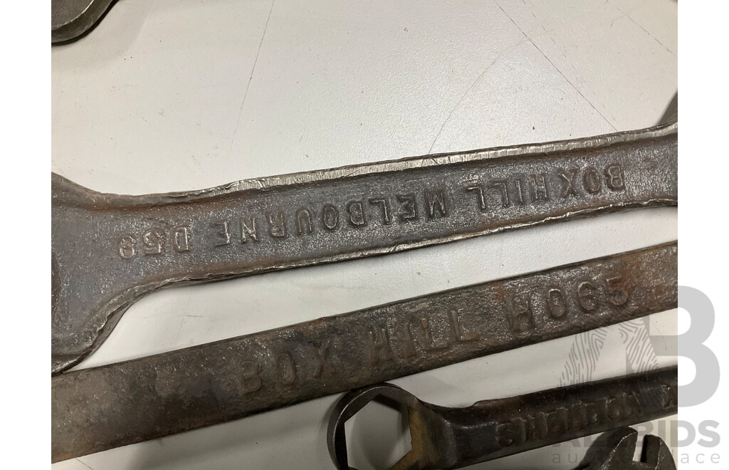 Two Daniel Harvey Box Hill Plough Spanners, Leyland Snail Brand Double End Spanner, Two Sheldon Axle Co Multi Spanners