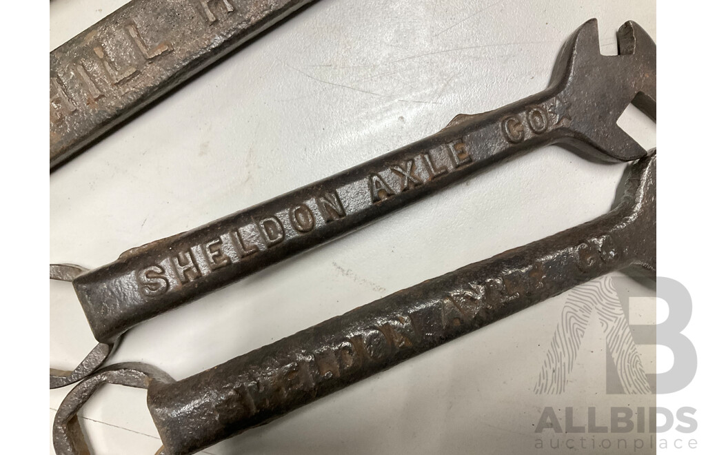 Two Daniel Harvey Box Hill Plough Spanners, Leyland Snail Brand Double End Spanner, Two Sheldon Axle Co Multi Spanners