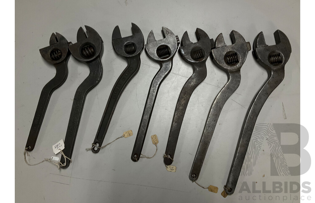 Seven Vintage Crank Arm Adjustable Spanners Including Carrinton '''The Puffin''