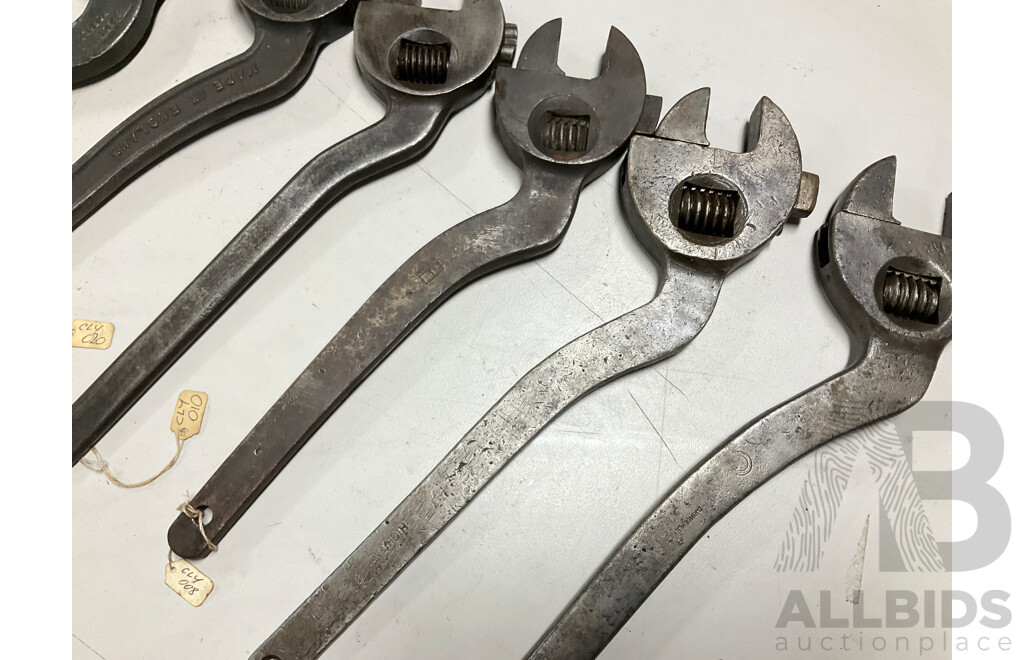 Seven Vintage Crank Arm Adjustable Spanners Including Carrinton '''The Puffin''