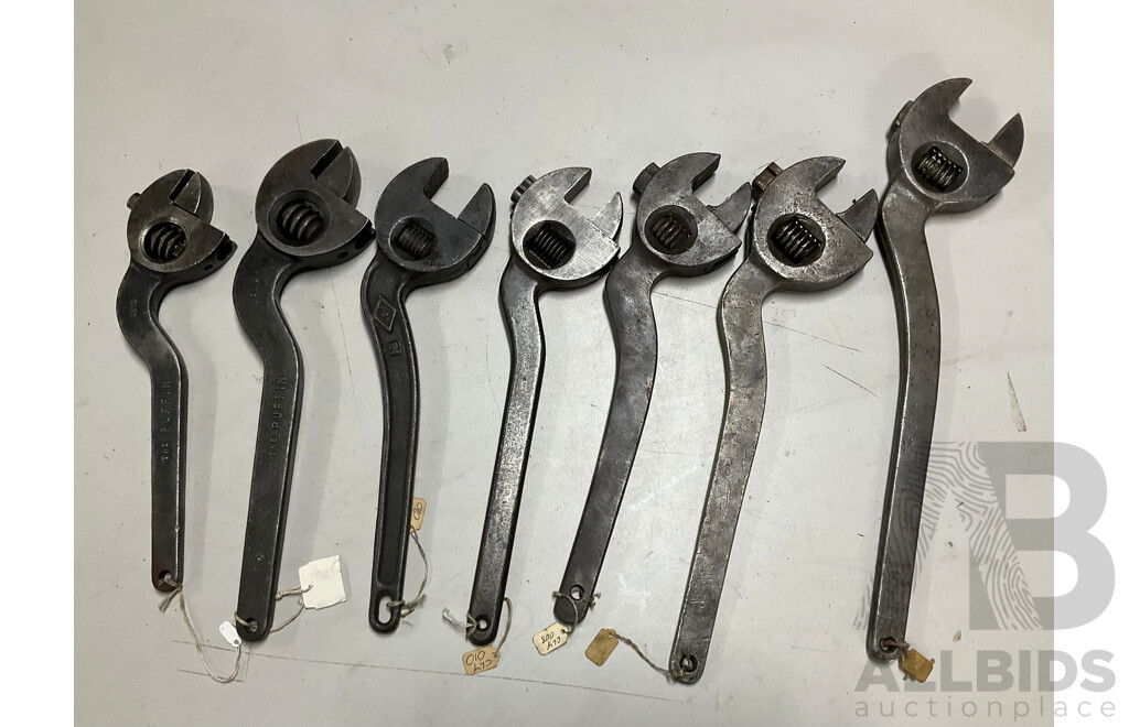 Seven Vintage Crank Arm Adjustable Spanners Including Carrinton '''The Puffin''