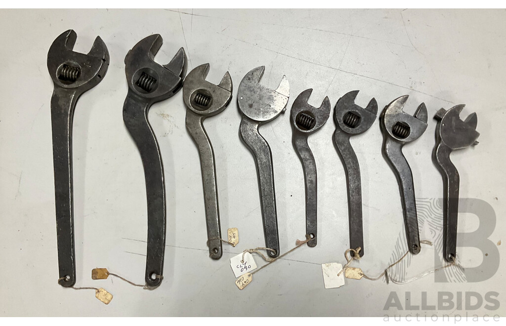 Eight Vintage Crank Arm Adjustable Spanners Including Geodore