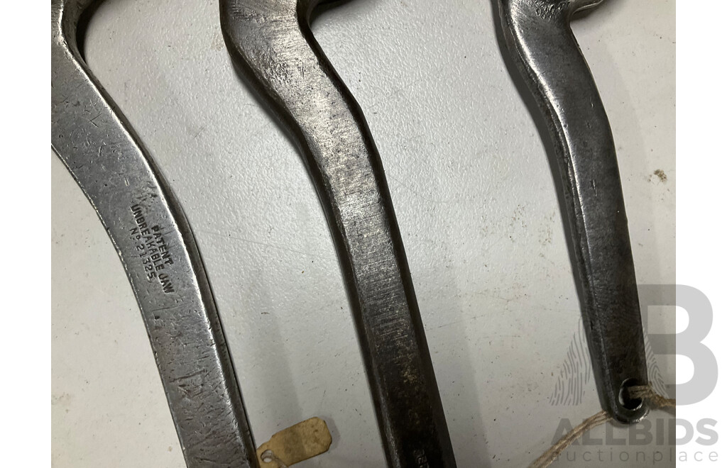 Eight Vintage Crank Arm Adjustable Spanners Including Joseph Evans & Sons and Dragonfly