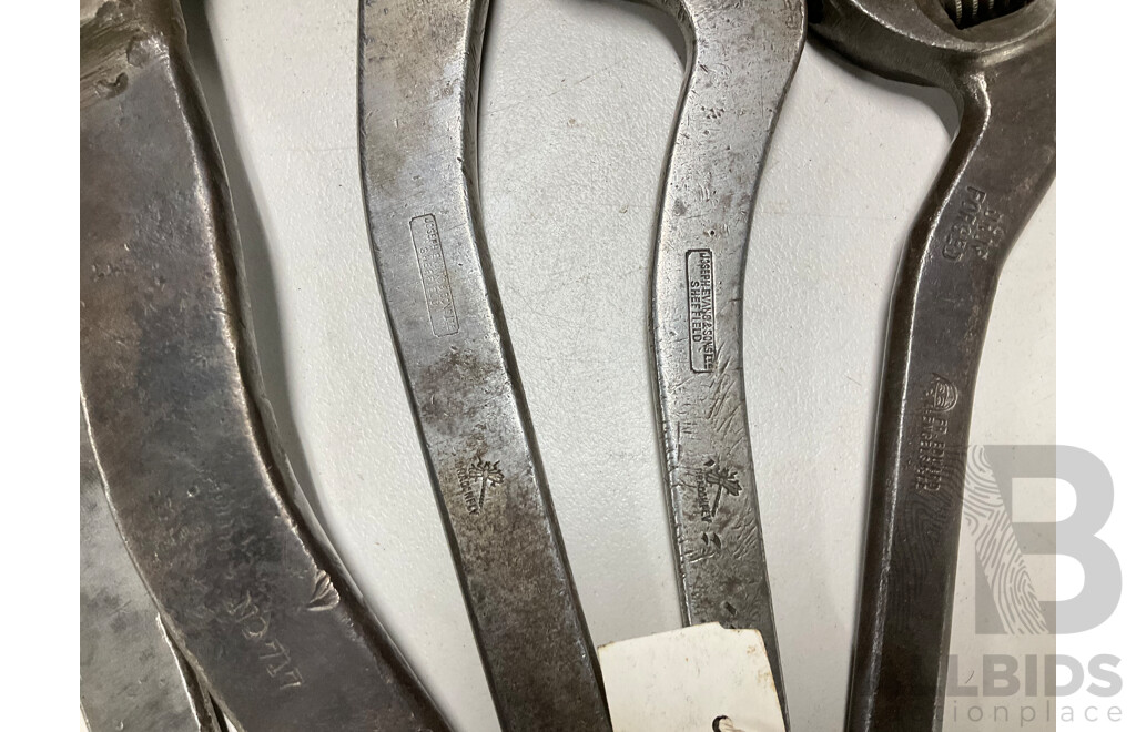 Eight Vintage Crank Arm Adjustable Spanners Including Joseph Evans & Sons and Dragonfly