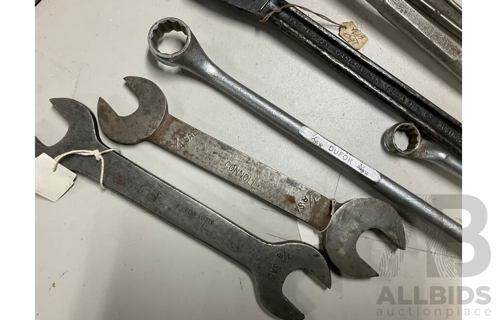 Collection of Mostly Australian Vintage Spanners Including Dufor, Zircalloy, Connoly, Raglan Tool & Co Eng Sydney Handcuff Wrench