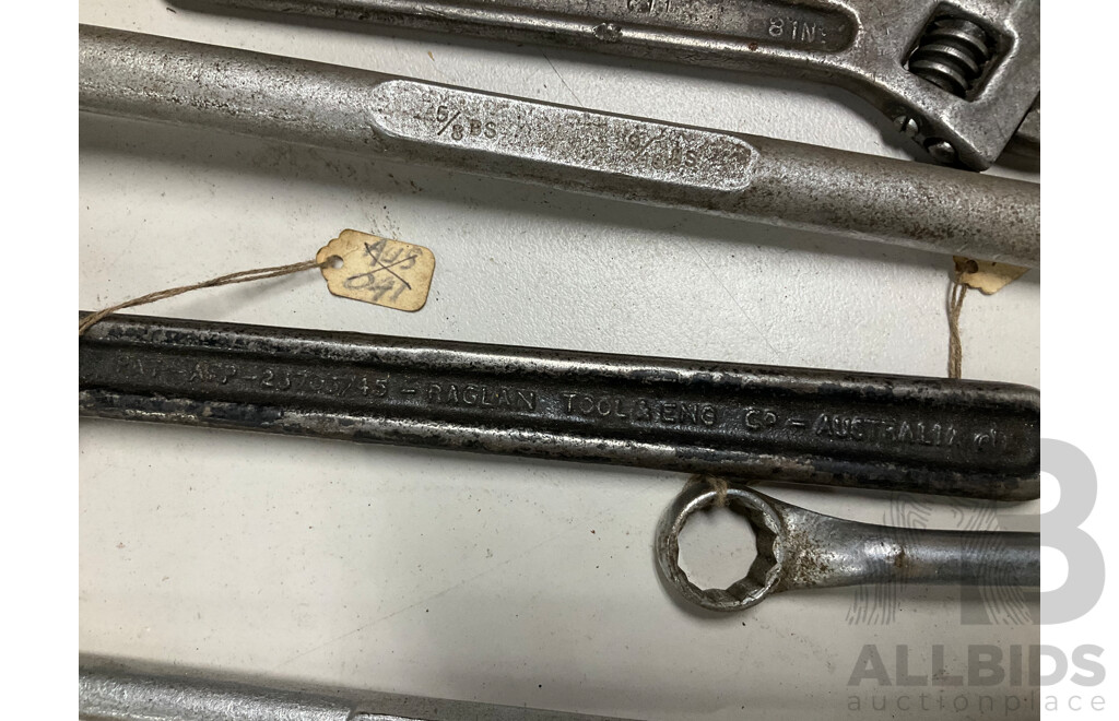 Collection of Mostly Australian Vintage Spanners Including Dufor, Zircalloy, Connoly, Raglan Tool & Co Eng Sydney Handcuff Wrench
