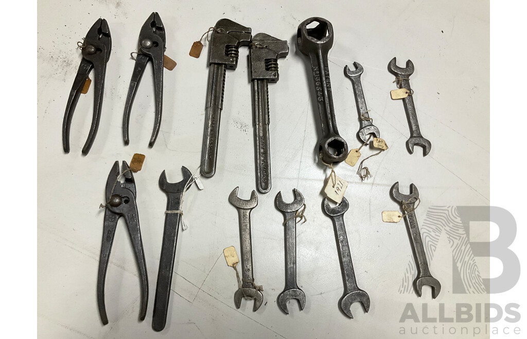 Collection of Vintage Enfo Ford Spanners, Adjustable Wrenches, Dum-Bel and Pliers