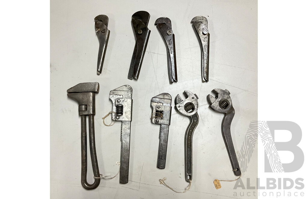 Collection of Antique and Vintage Adjustable Wrenches and Pliers Including Foot Print and Wakefield