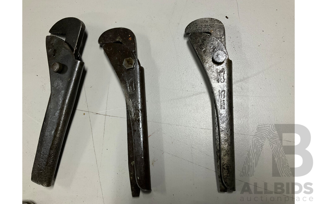 Collection of Antique and Vintage Adjustable Wrenches and Pliers Including Foot Print and Wakefield