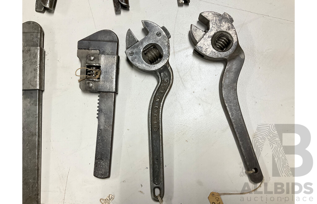 Collection of Antique and Vintage Adjustable Wrenches and Pliers Including Foot Print and Wakefield